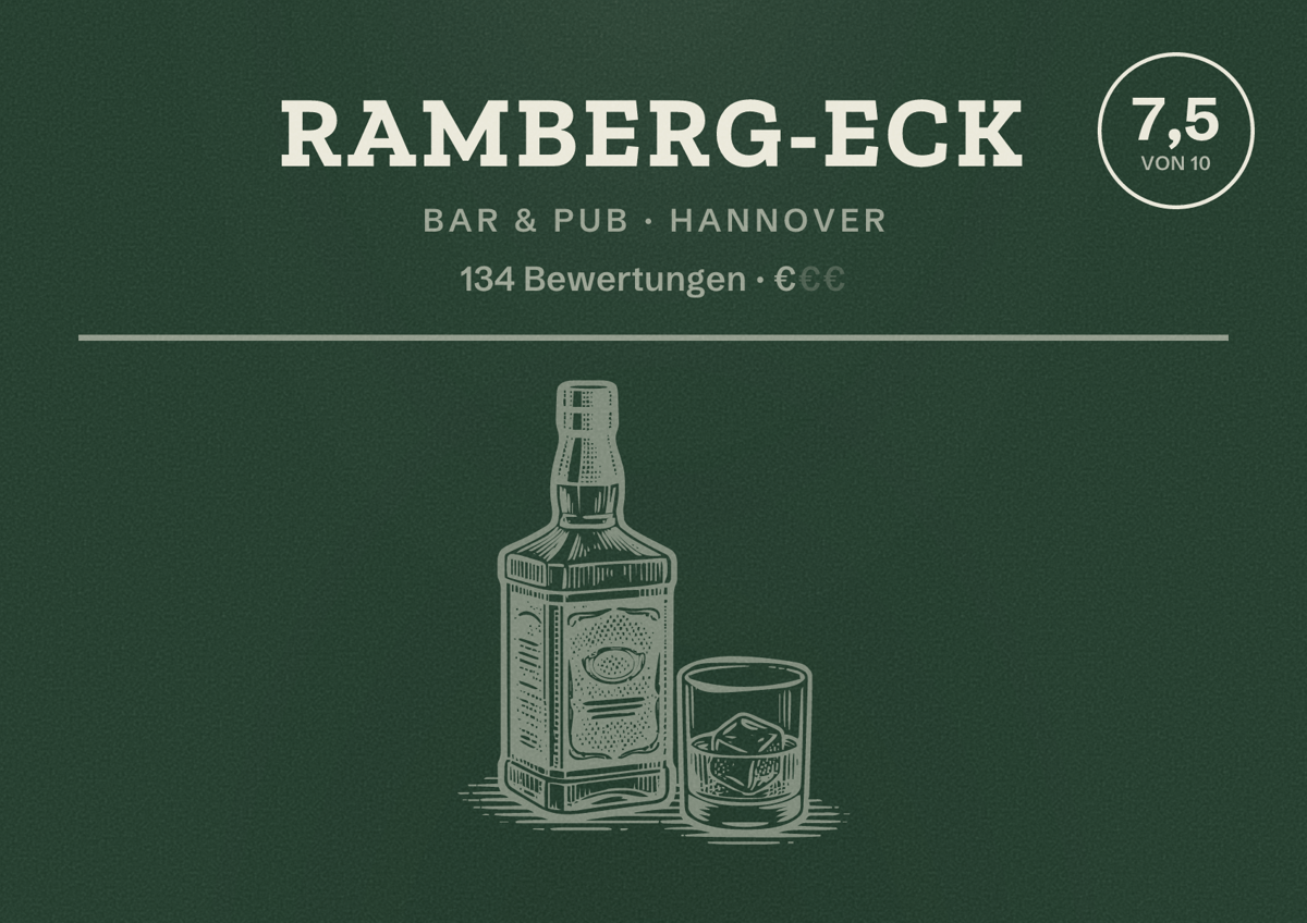 Illustriertes Poster von Ramberg-Eck, Bar & Pub in Hannover: Bewertung 7,5 von 10 aus 134 Bewertungen, Preisniveau €