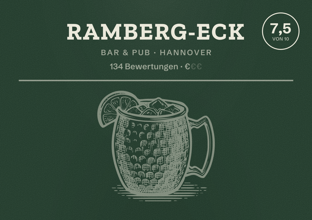 Illustriertes Poster von Ramberg-Eck, Bar & Pub in Hannover: Bewertung 7,5 von 10 aus 134 Bewertungen, Preisniveau €