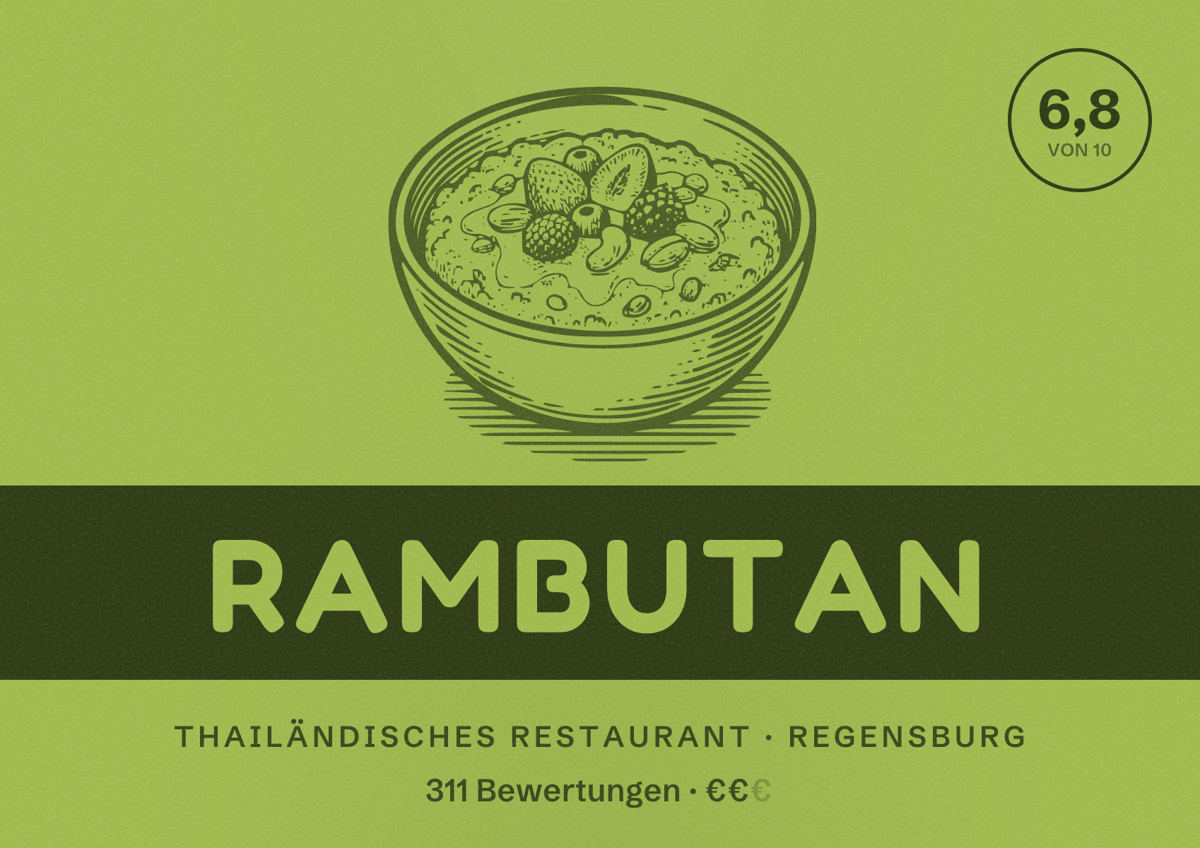 Illustriertes Poster von Rambutan, Thailändisches Restaurant in Regensburg: Bewertung 6,8 von 10 aus 311 Bewertungen, Preisniveau €€