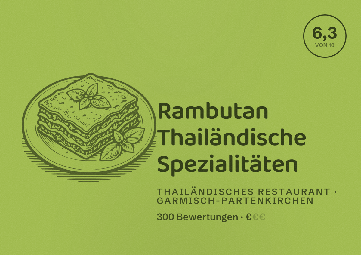 Illustriertes Poster von Rambutan Thailändische Spezialitäten, Thailändisches Restaurant in Garmisch-Partenkirchen: Bewertung 6,3 von 10 aus 300 Bewertungen, Preisniveau €
