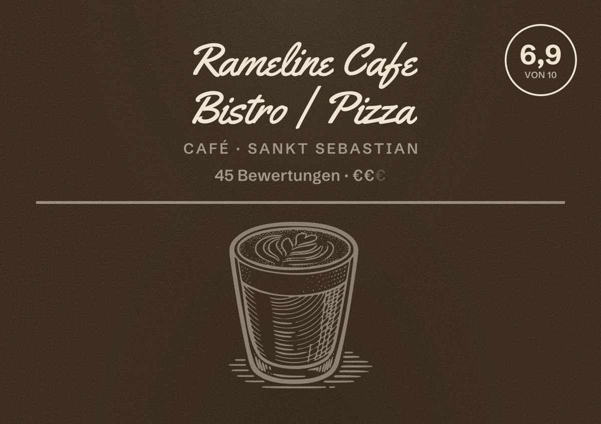 Illustriertes Poster von Rameline Cafe Bistro | Pizza, Café in Sankt Sebastian: Bewertung 6,9 von 10 aus 45 Bewertungen, Preisniveau €€