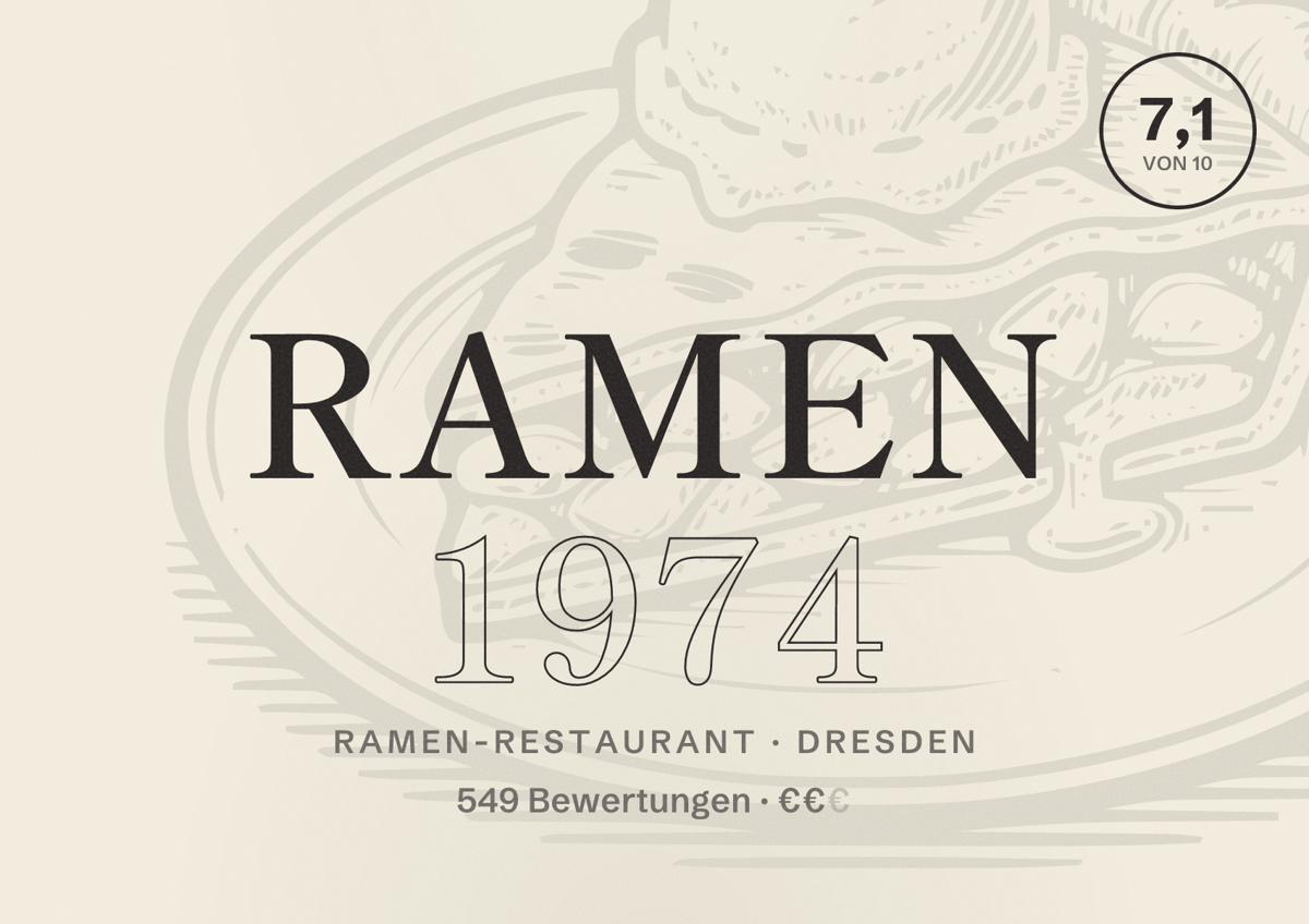 Illustriertes Poster von Ramen 1974, Ramen-Restaurant in Dresden: Bewertung 7,1 von 10 aus 549 Bewertungen, Preisniveau €€