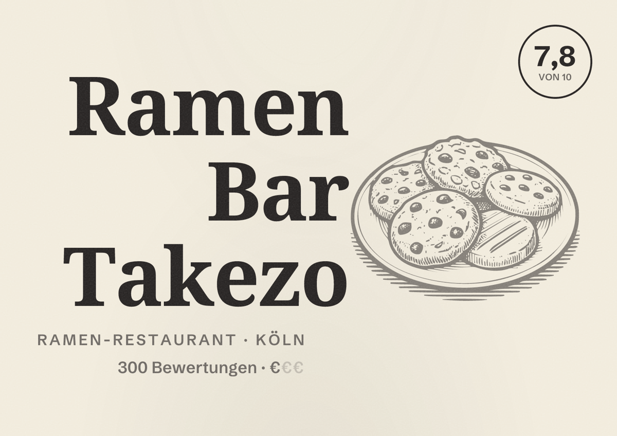 Illustriertes Poster von Ramen Bar Takezo, Ramen-Restaurant in Köln: Bewertung 7,8 von 10 aus 300 Bewertungen, Preisniveau €