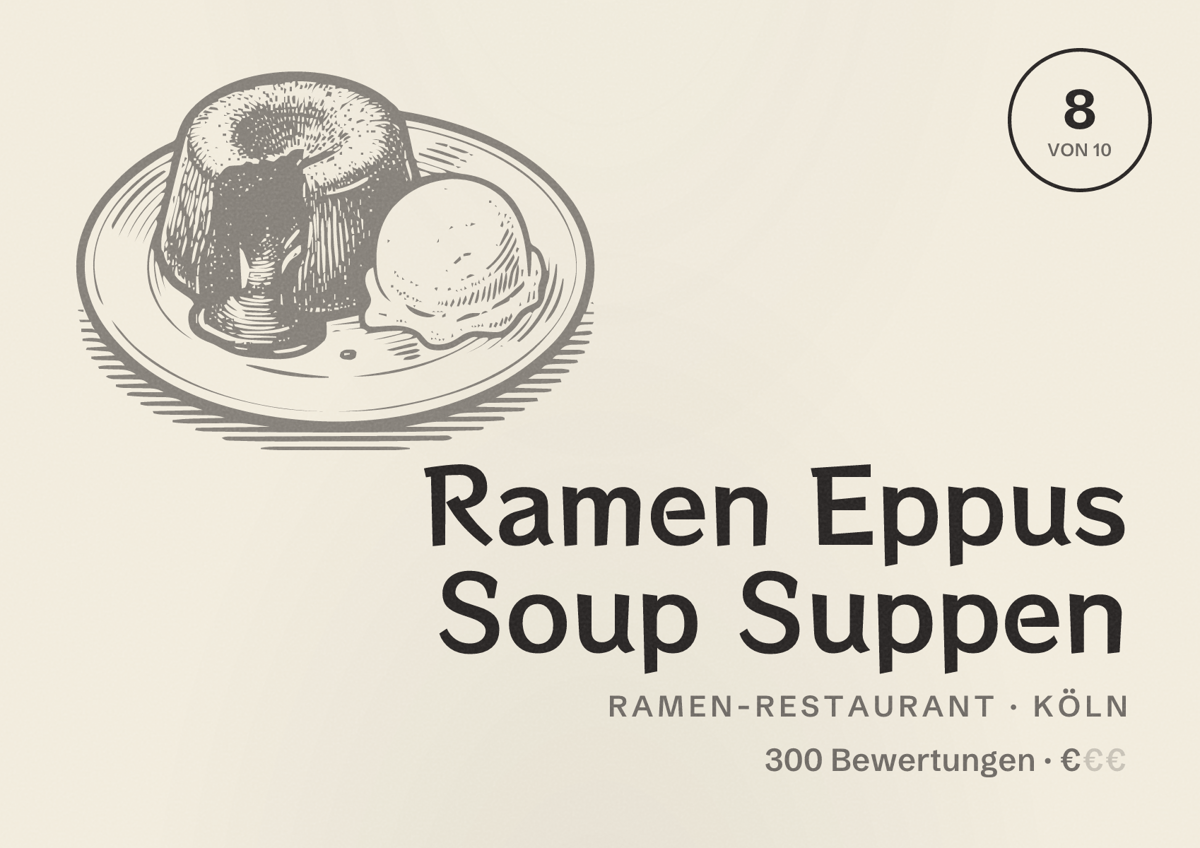 Illustriertes Poster von Ramen Eppus Soup Suppen, Ramen-Restaurant in Köln: Bewertung 8,0 von 10 aus 300 Bewertungen, Preisniveau €