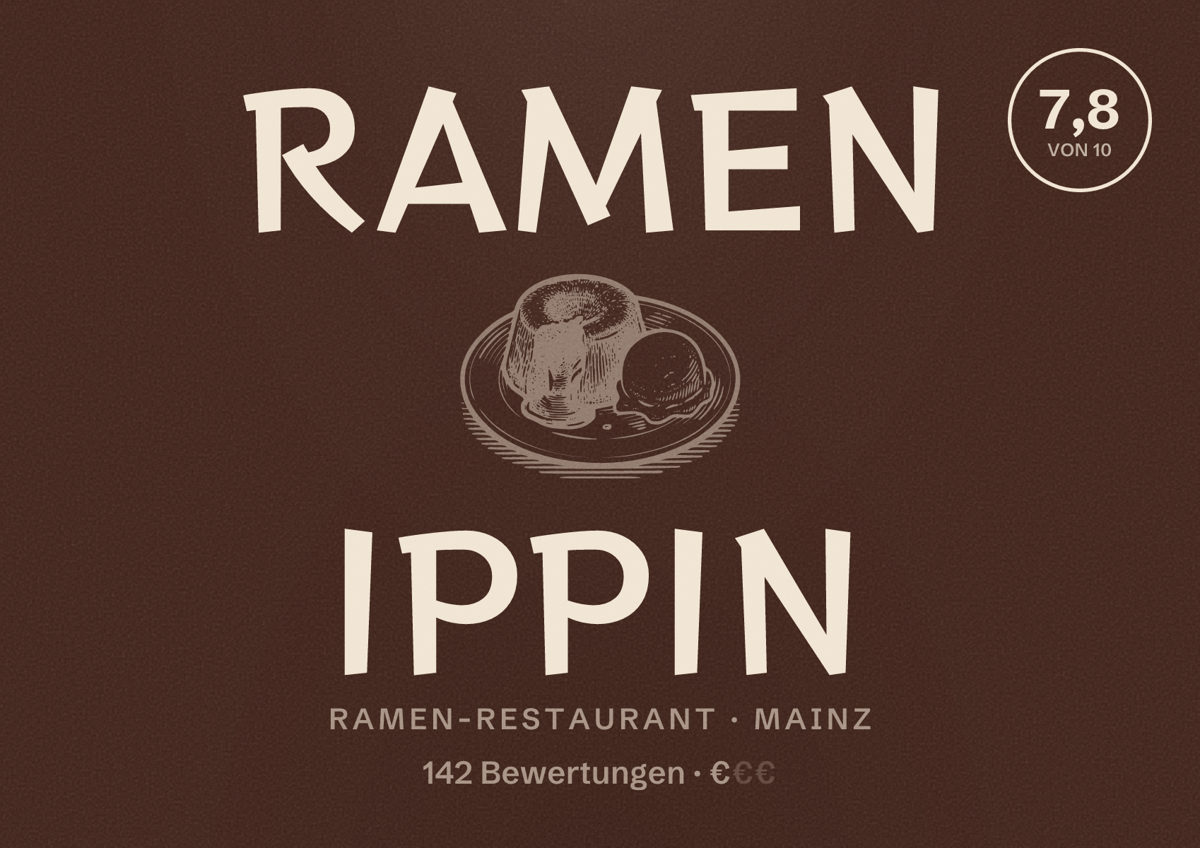 Illustriertes Poster von Ramen Ippin, Ramen-Restaurant in Mainz: Bewertung 7,8 von 10 aus 142 Bewertungen, Preisniveau €