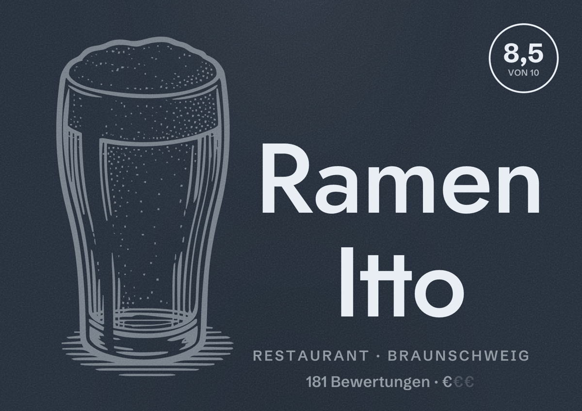 Illustriertes Poster von Ramen Itto, Restaurant in Braunschweig: Bewertung 8,5 von 10 aus 181 Bewertungen, Preisniveau €