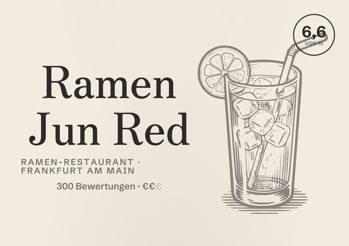 Illustriertes Poster von Ramen Jun Red, Ramen-Restaurant in Frankfurt am Main: Bewertung 6,6 von 10 aus 300 Bewertungen, Preisniveau €€