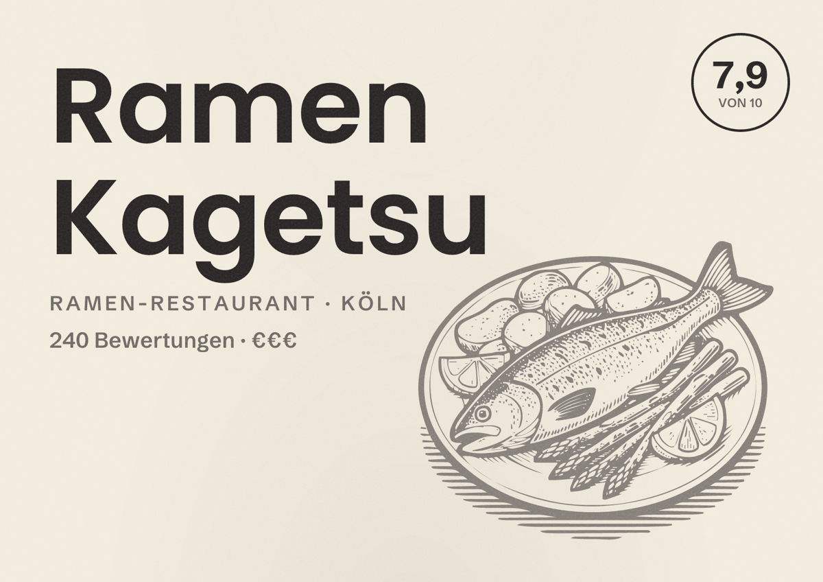 Illustriertes Poster von Ramen Kagetsu, Ramen-Restaurant in Köln: Bewertung 7,9 von 10 aus 240 Bewertungen, Preisniveau €€€