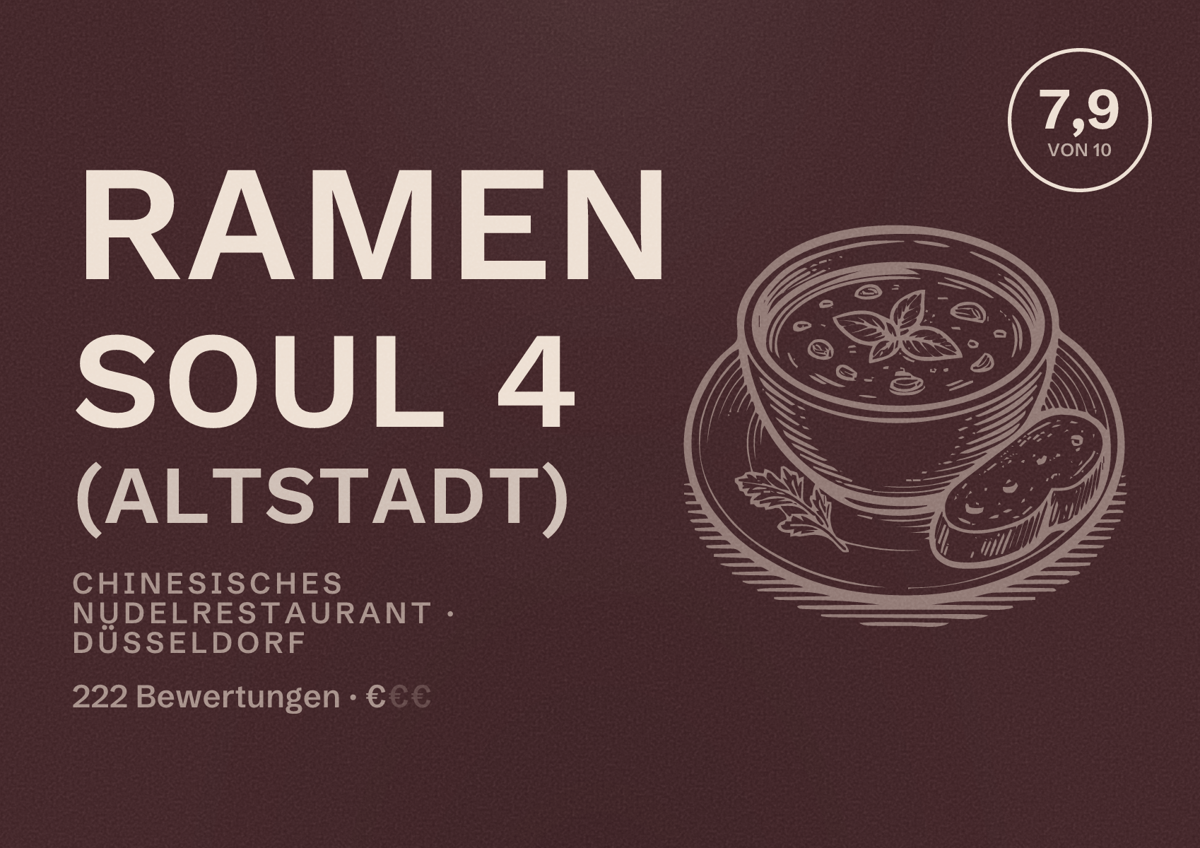 Illustriertes Poster von Ramen Soul 4 (Altstadt), Chinesisches Nudelrestaurant in Düsseldorf: Bewertung 7,9 von 10 aus 222 Bewertungen, Preisniveau €