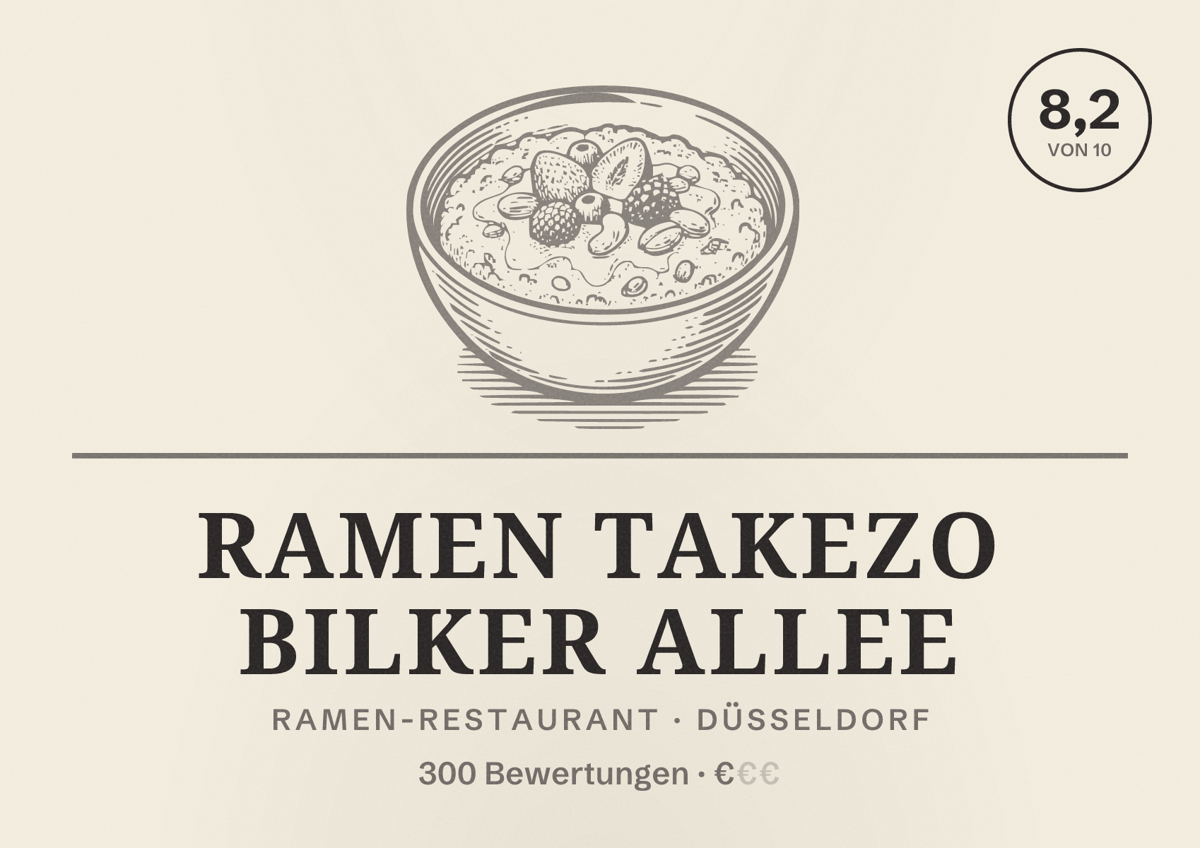 Illustriertes Poster von Ramen Takezo Bilker Allee, Ramen-Restaurant in Düsseldorf: Bewertung 8,2 von 10 aus 300 Bewertungen, Preisniveau €