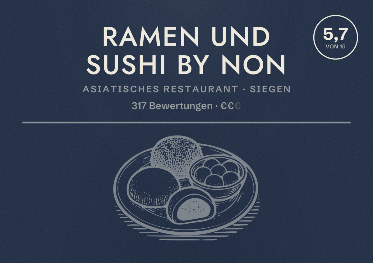 Illustriertes Poster von Ramen und Sushi by Non, Asiatisches Restaurant in Siegen: Bewertung 5,7 von 10 aus 317 Bewertungen, Preisniveau €€