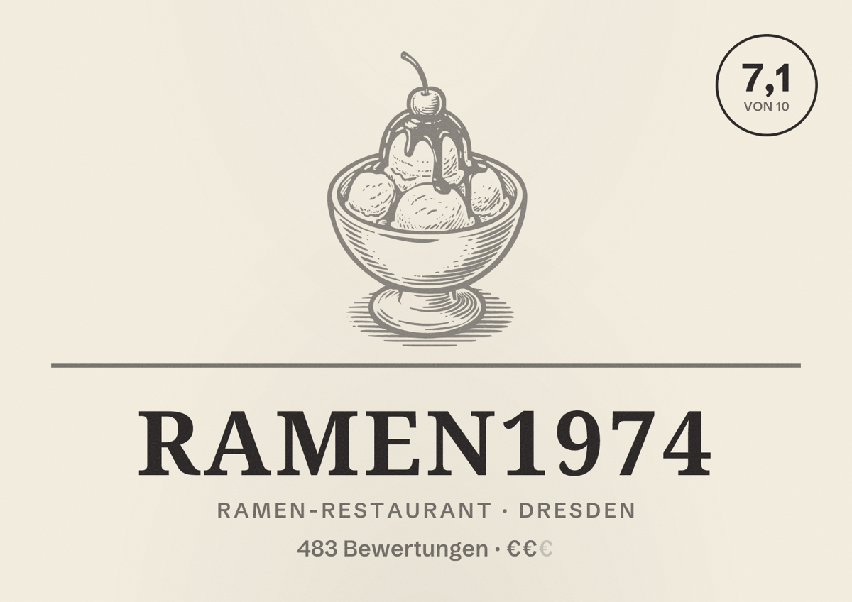Illustriertes Poster von Ramen1974, Ramen-Restaurant in Dresden: Bewertung 7,1 von 10 aus 483 Bewertungen, Preisniveau €€