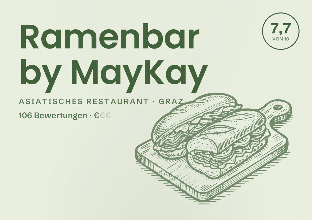 Illustriertes Poster von Ramenbar by MayKay, Asiatisches Restaurant in Graz: Bewertung 7,7 von 10 aus 106 Bewertungen, Preisniveau €