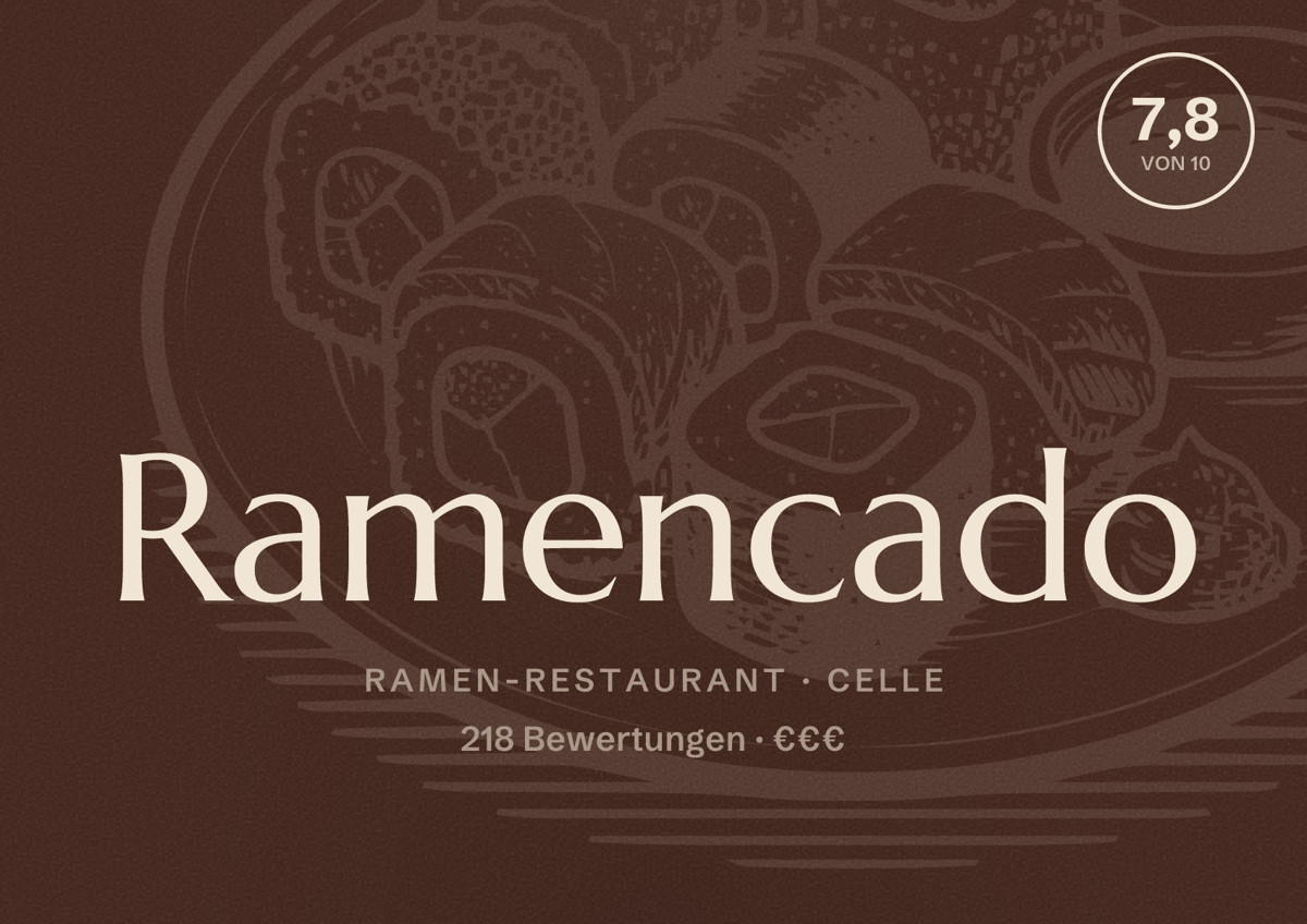 Illustriertes Poster von Ramencado, Ramen-Restaurant in Celle: Bewertung 7,8 von 10 aus 218 Bewertungen, Preisniveau €€€