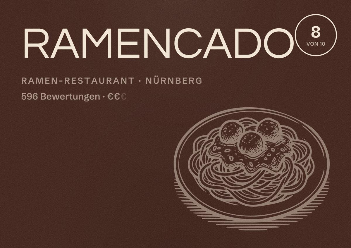 Illustriertes Poster von RAMENCADO, Ramen-Restaurant in Nürnberg: Bewertung 8,0 von 10 aus 596 Bewertungen, Preisniveau €€
