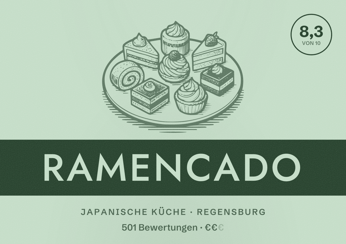Illustriertes Poster von RamenCado, Japanische Küche in Regensburg: Bewertung 8,3 von 10 aus 501 Bewertungen, Preisniveau €€
