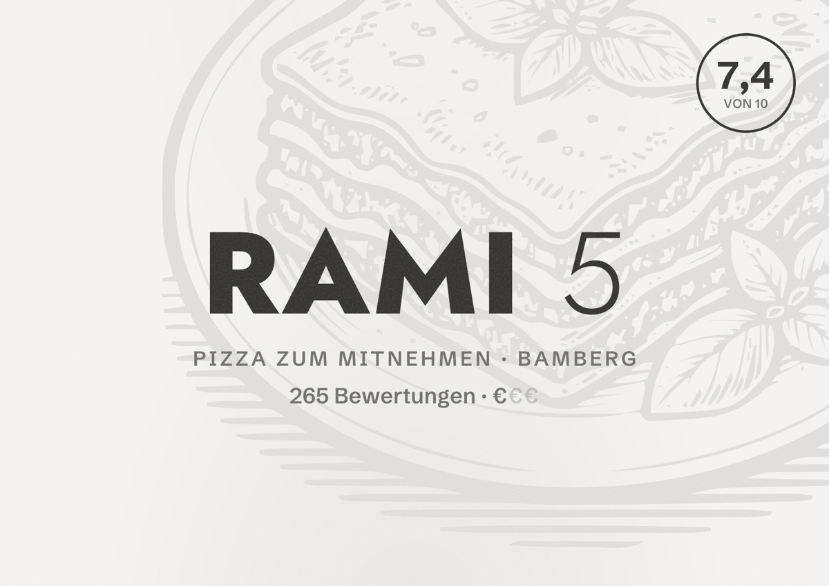 Illustriertes Poster von Rami 5, Pizza zum Mitnehmen in Bamberg: Bewertung 7,4 von 10 aus 265 Bewertungen, Preisniveau €