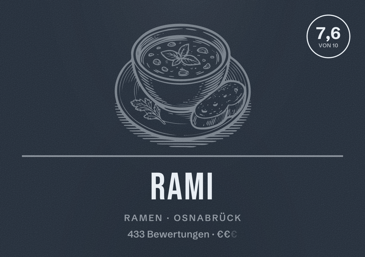 Illustriertes Poster von Rami, Ramen in Osnabrück: Bewertung 7,6 von 10 aus 433 Bewertungen, Preisniveau €€