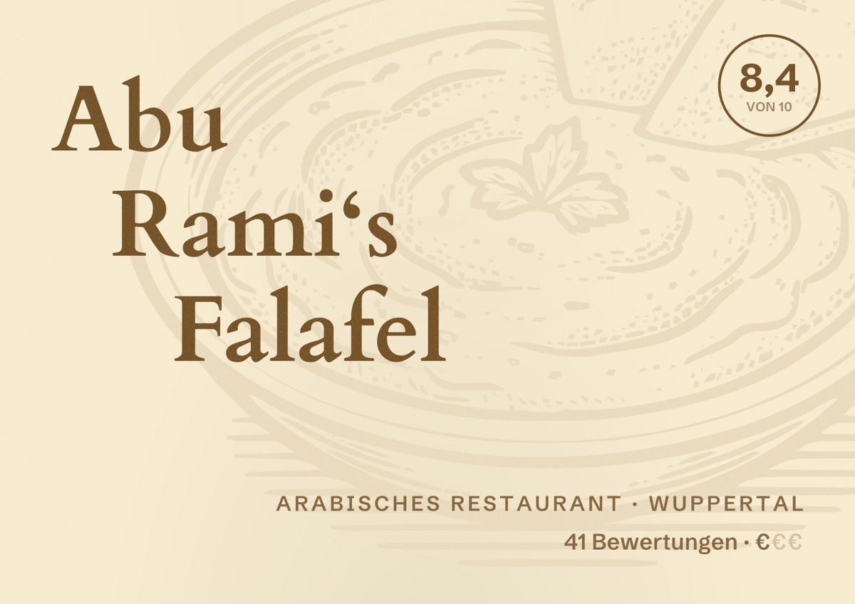 Illustriertes Poster von Abu Rami‘s Falafel, Arabisches Restaurant in Wuppertal: Bewertung 8,4 von 10 aus 41 Bewertungen, Preisniveau €