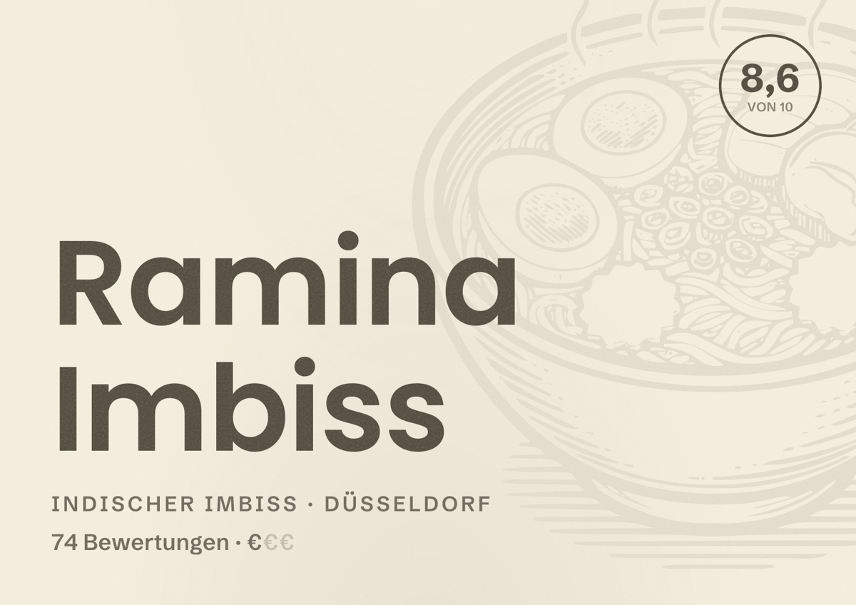 Illustriertes Poster von Ramina Imbiss, Indischer Imbiss in Düsseldorf: Bewertung 8,6 von 10 aus 74 Bewertungen, Preisniveau €
