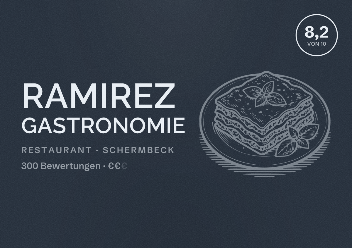 Illustriertes Poster von Ramirez Gastronomie, Restaurant in Schermbeck: Bewertung 8,2 von 10 aus 300 Bewertungen, Preisniveau €€