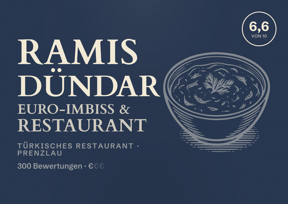 Illustriertes Poster von Ramis Dündar Euro-Imbiss & Restaurant, Türkisches Restaurant in Prenzlau: Bewertung 6,6 von 10 aus 300 Bewertungen, Preisniveau €