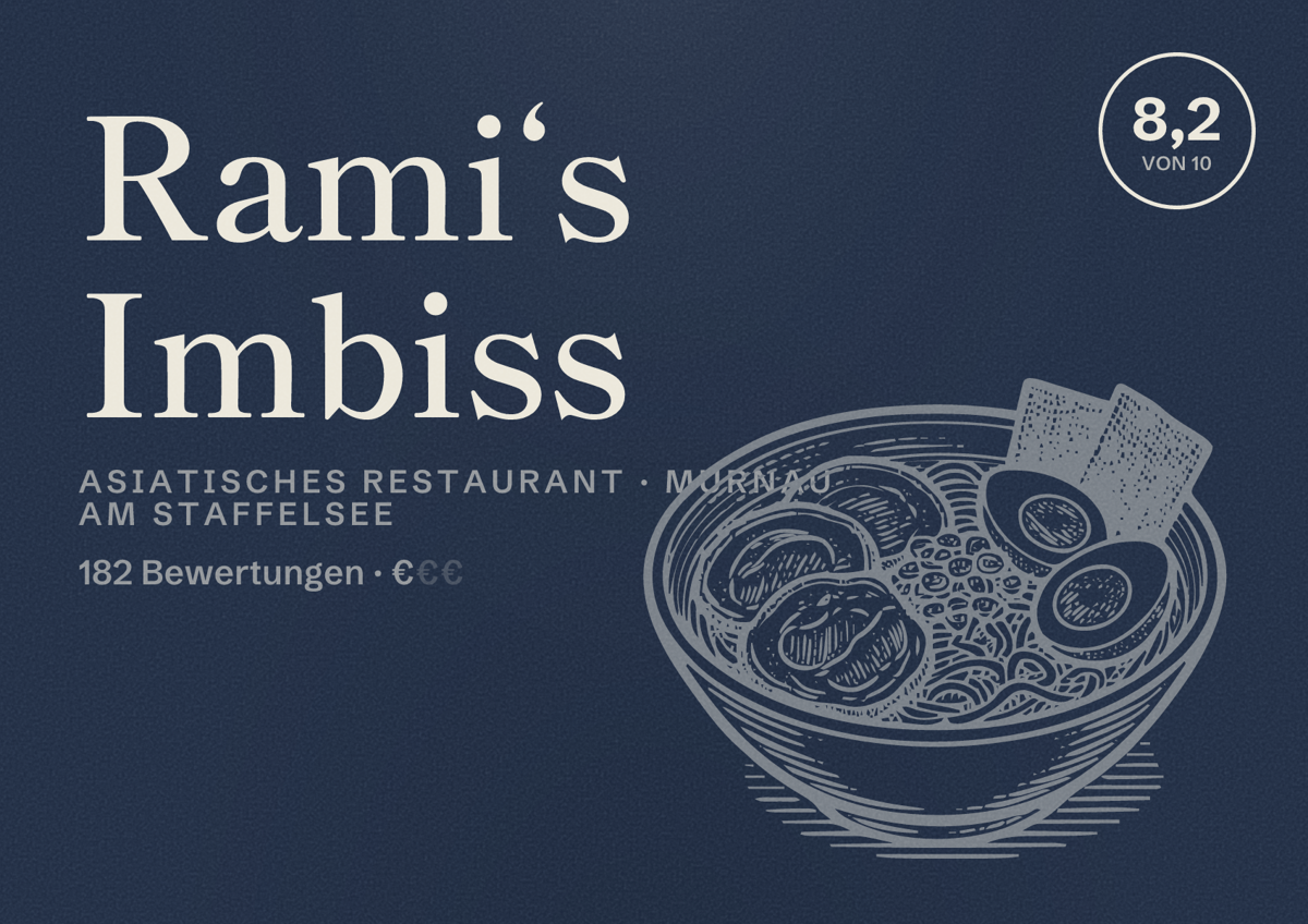 Illustriertes Poster von Rami‘s Imbiss, Asiatisches Restaurant in Murnau am Staffelsee: Bewertung 8,2 von 10 aus 182 Bewertungen, Preisniveau €