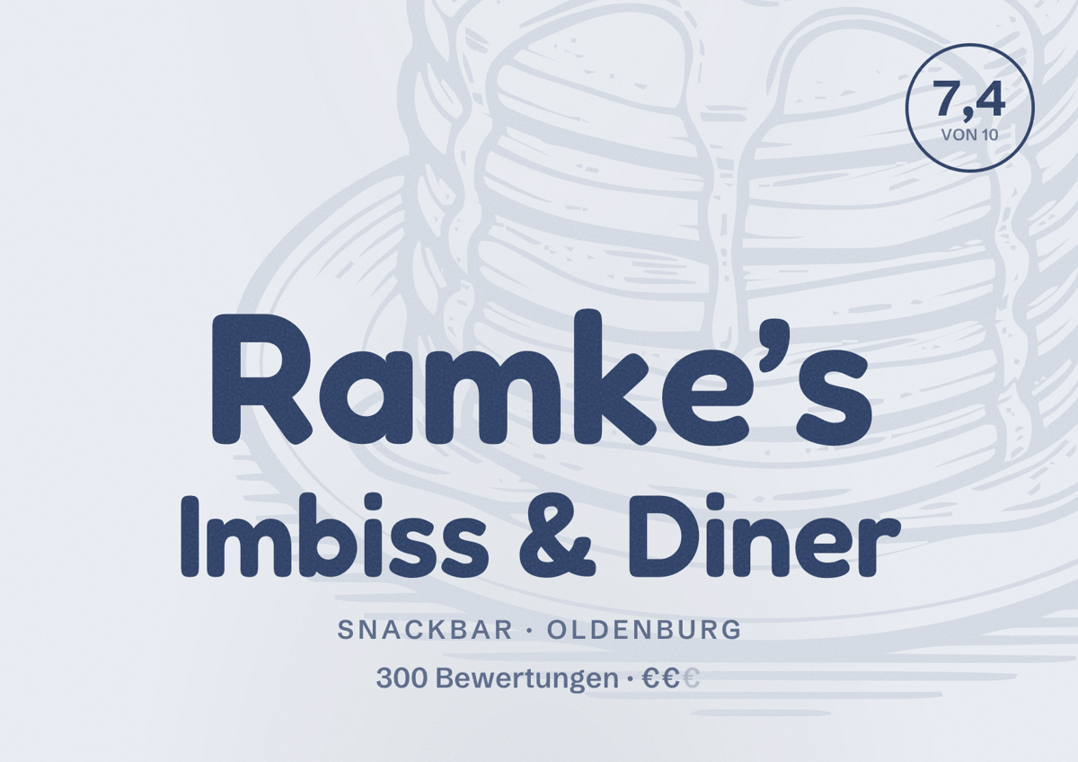 Illustriertes Poster von Ramke’s Imbiss & Diner, Snackbar in Oldenburg: Bewertung 7,4 von 10 aus 300 Bewertungen, Preisniveau €€