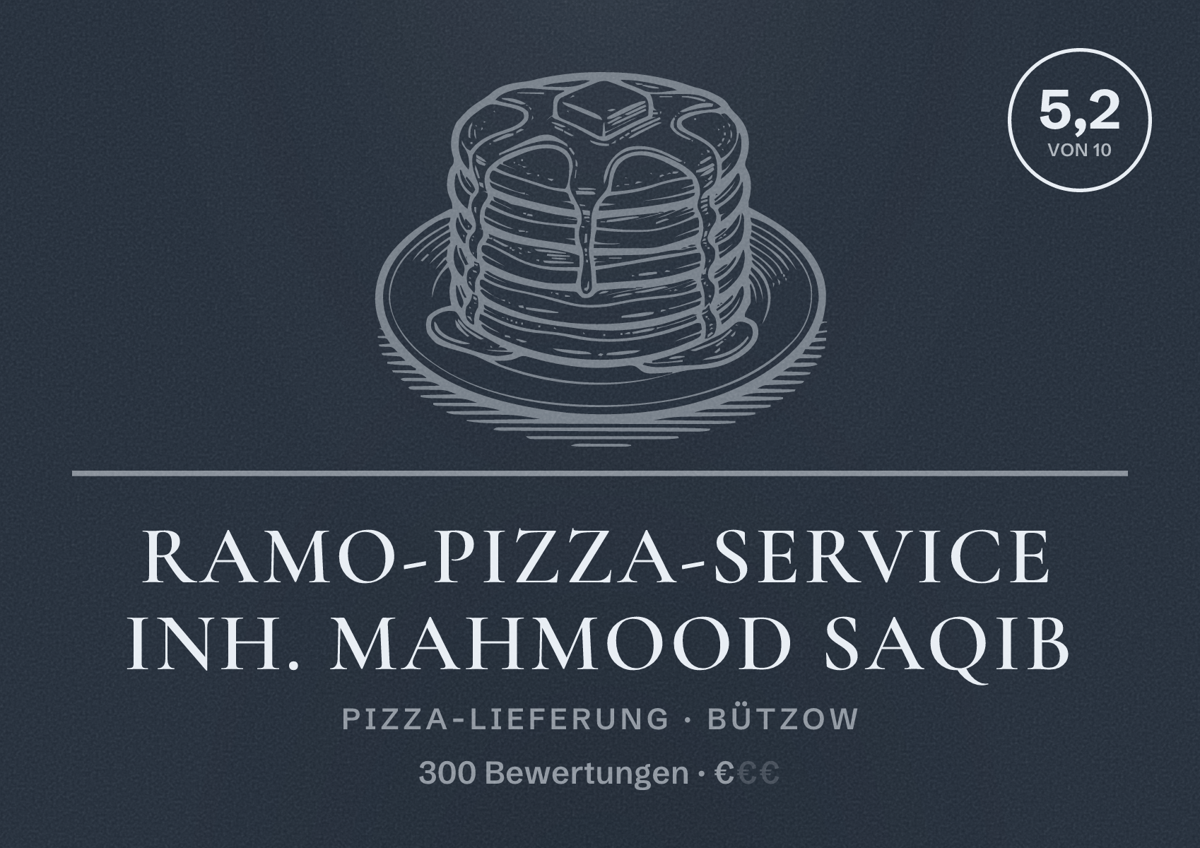 Illustriertes Poster von Ramo-Pizza-Service Inh. Mahmood Saqib, Pizza-Lieferung in Bützow: Bewertung 5,2 von 10 aus 300 Bewertungen, Preisniveau €