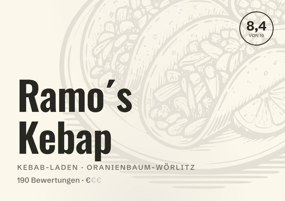Illustriertes Poster von Ramo´s Kebap, Kebab-Laden in Oranienbaum-Wörlitz: Bewertung 8,4 von 10 aus 190 Bewertungen, Preisniveau €