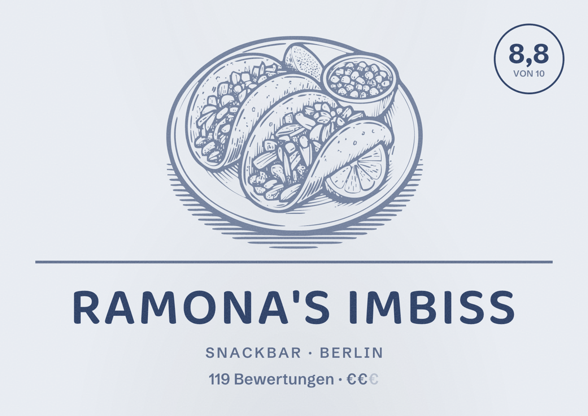 Illustriertes Poster von Ramona's Imbiss, Snackbar in Berlin: Bewertung 8,8 von 10 aus 119 Bewertungen, Preisniveau €€