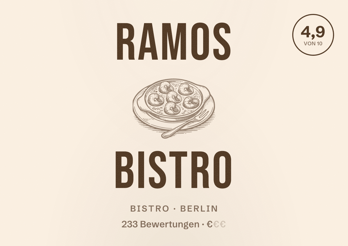 Illustriertes Poster von Ramos Bistro, Bistro in Berlin: Bewertung 4,9 von 10 aus 233 Bewertungen, Preisniveau €
