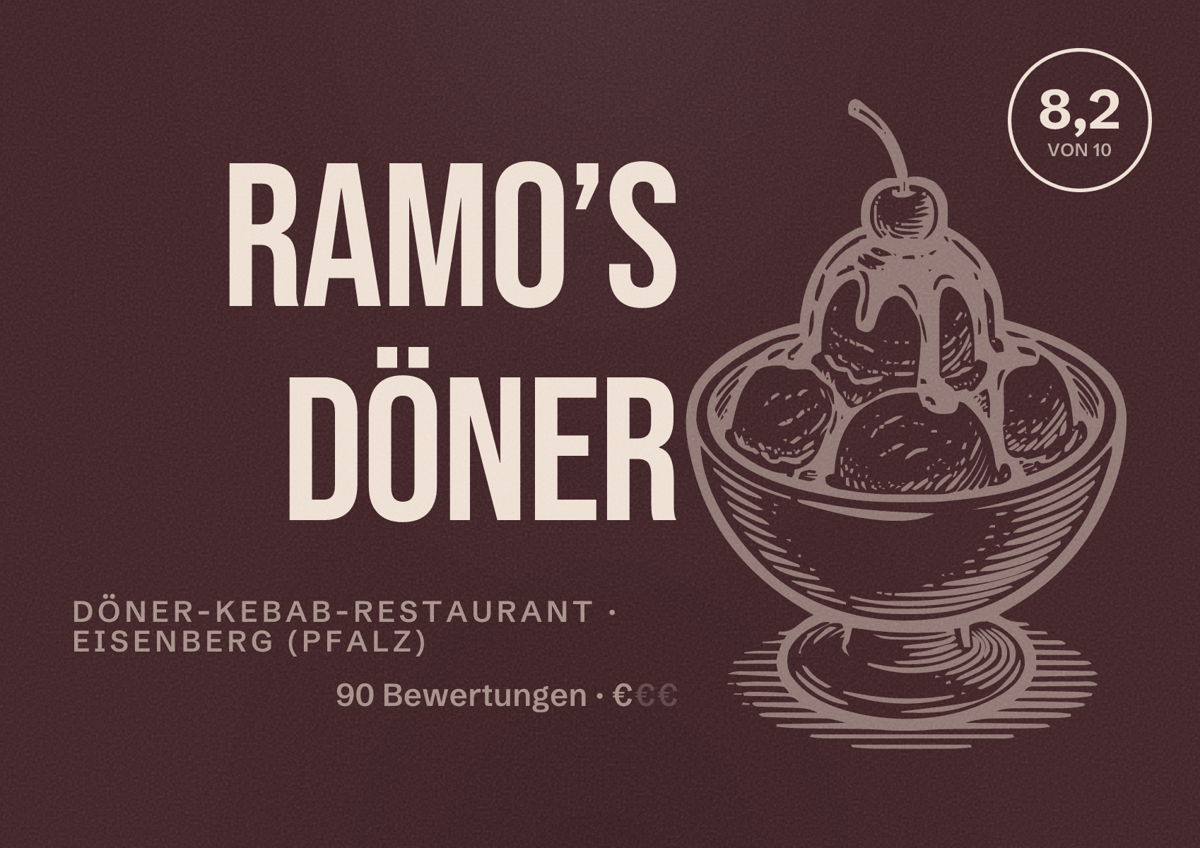 Illustriertes Poster von Ramo’s Döner, Döner-Kebab-Restaurant in Eisenberg (Pfalz): Bewertung 8,2 von 10 aus 90 Bewertungen, Preisniveau €