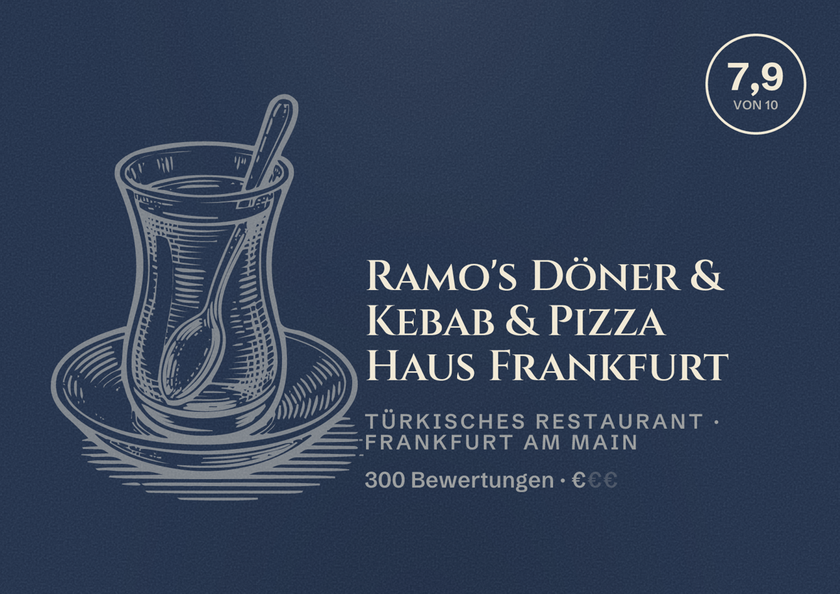 Illustriertes Poster von Ramo's Döner & Kebab & Pizza Haus Frankfurt, Türkisches Restaurant in Frankfurt am Main: Bewertung 7,9 von 10 aus 300 Bewertungen, Preisniveau €
