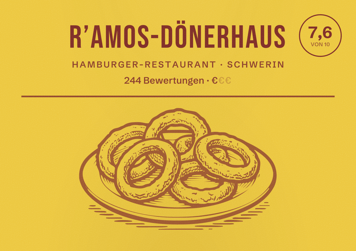Illustriertes Poster von R’AMOS-Dönerhaus, Hamburger-Restaurant in Schwerin: Bewertung 7,6 von 10 aus 244 Bewertungen, Preisniveau €