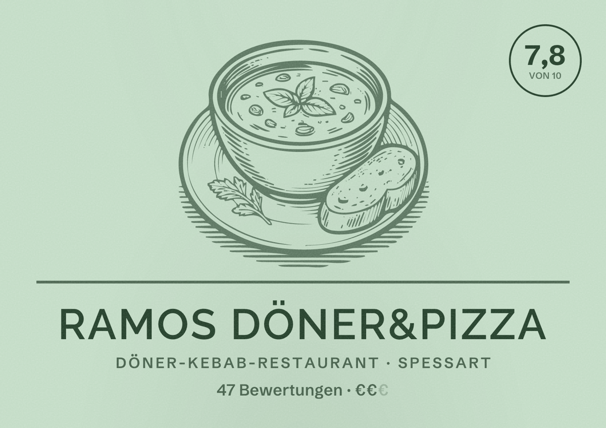 Illustriertes Poster von Ramos Döner&Pizza, Döner-Kebab-Restaurant in Spessart: Bewertung 7,8 von 10 aus 47 Bewertungen, Preisniveau €€