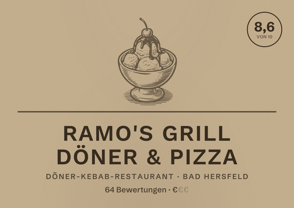 Illustriertes Poster von Ramo's Grill Döner & Pizza, Döner-Kebab-Restaurant in Bad Hersfeld: Bewertung 8,6 von 10 aus 64 Bewertungen, Preisniveau €