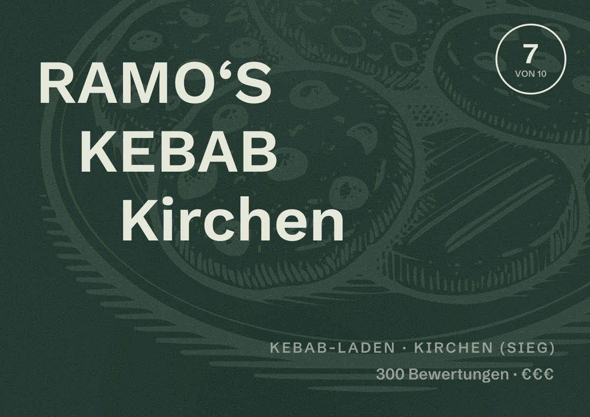 Illustriertes Poster von RAMO‘S KEBAB Kirchen, Kebab-Laden in Kirchen (Sieg): Bewertung 7 von 10 aus 300 Bewertungen, Preisniveau €€€