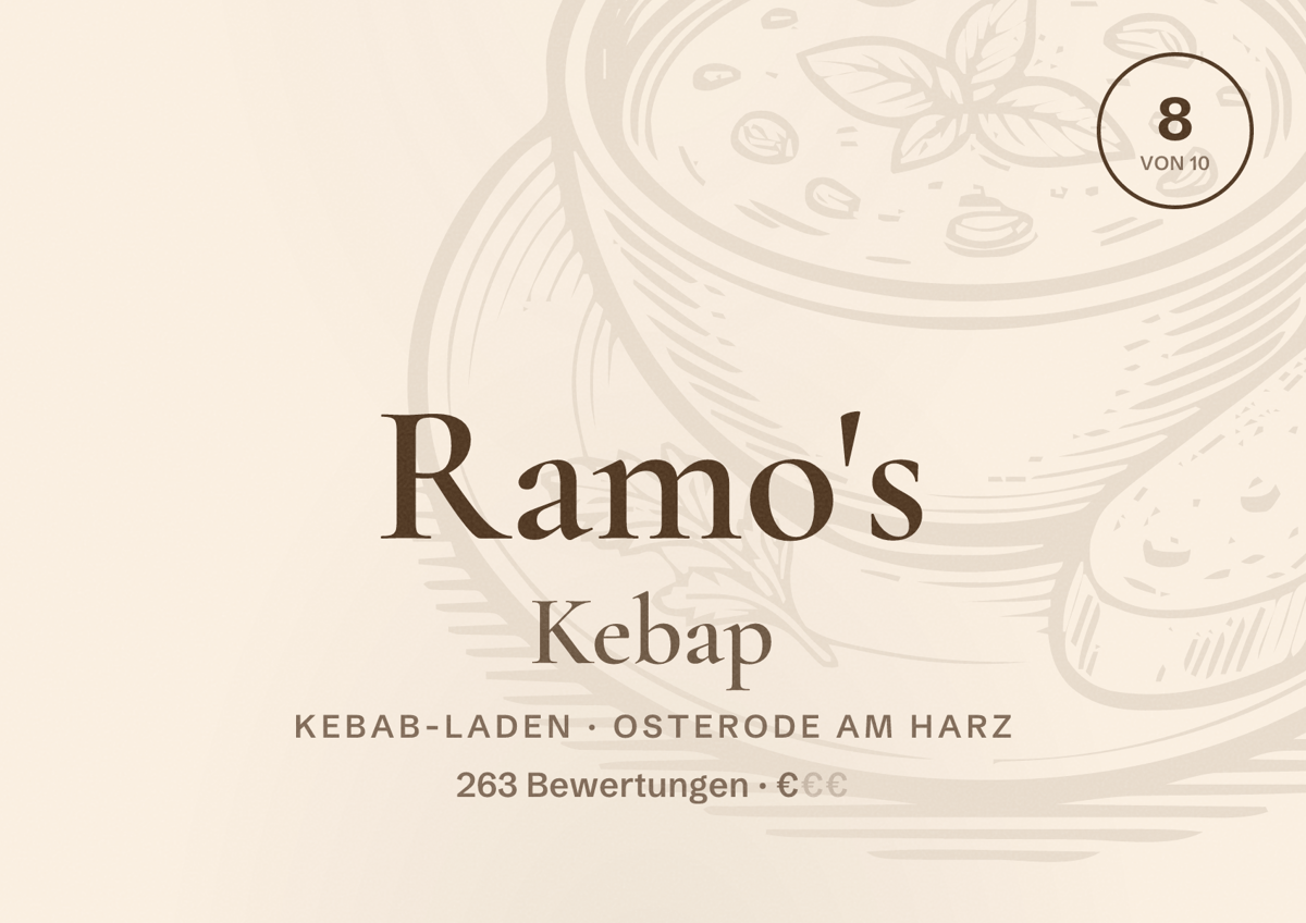Illustriertes Poster von Ramo's Kebap, Kebab-Laden in Osterode am Harz: Bewertung 8 von 10 aus 263 Bewertungen, Preisniveau €