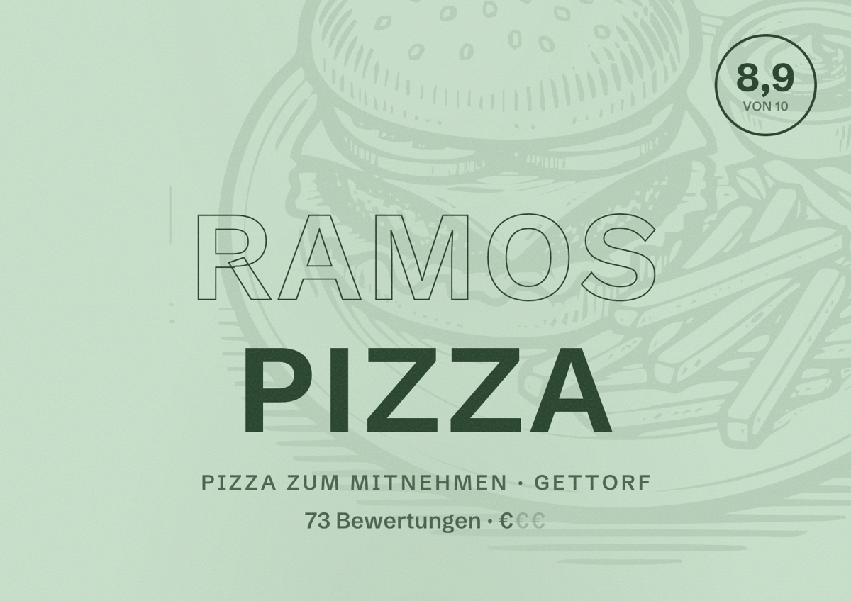 Illustriertes Poster von Ramos Pizza, Pizza zum Mitnehmen in Gettorf: Bewertung 8,9 von 10 aus 73 Bewertungen, Preisniveau €