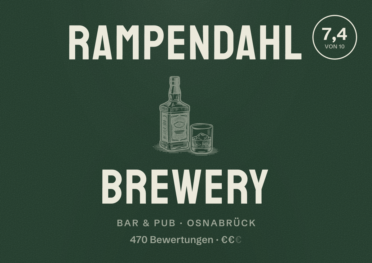 Illustriertes Poster von Rampendahl Brewery, Bar & Pub in Osnabrück: Bewertung 7,4 von 10 aus 470 Bewertungen, Preisniveau €€