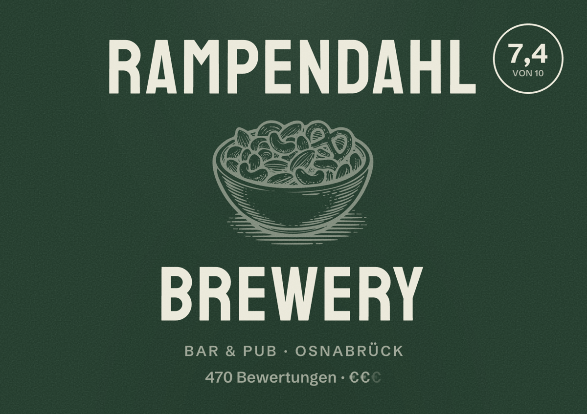 Illustriertes Poster von Rampendahl Brewery, Bar & Pub in Osnabrück: Bewertung 7,4 von 10 aus 470 Bewertungen, Preisniveau €€