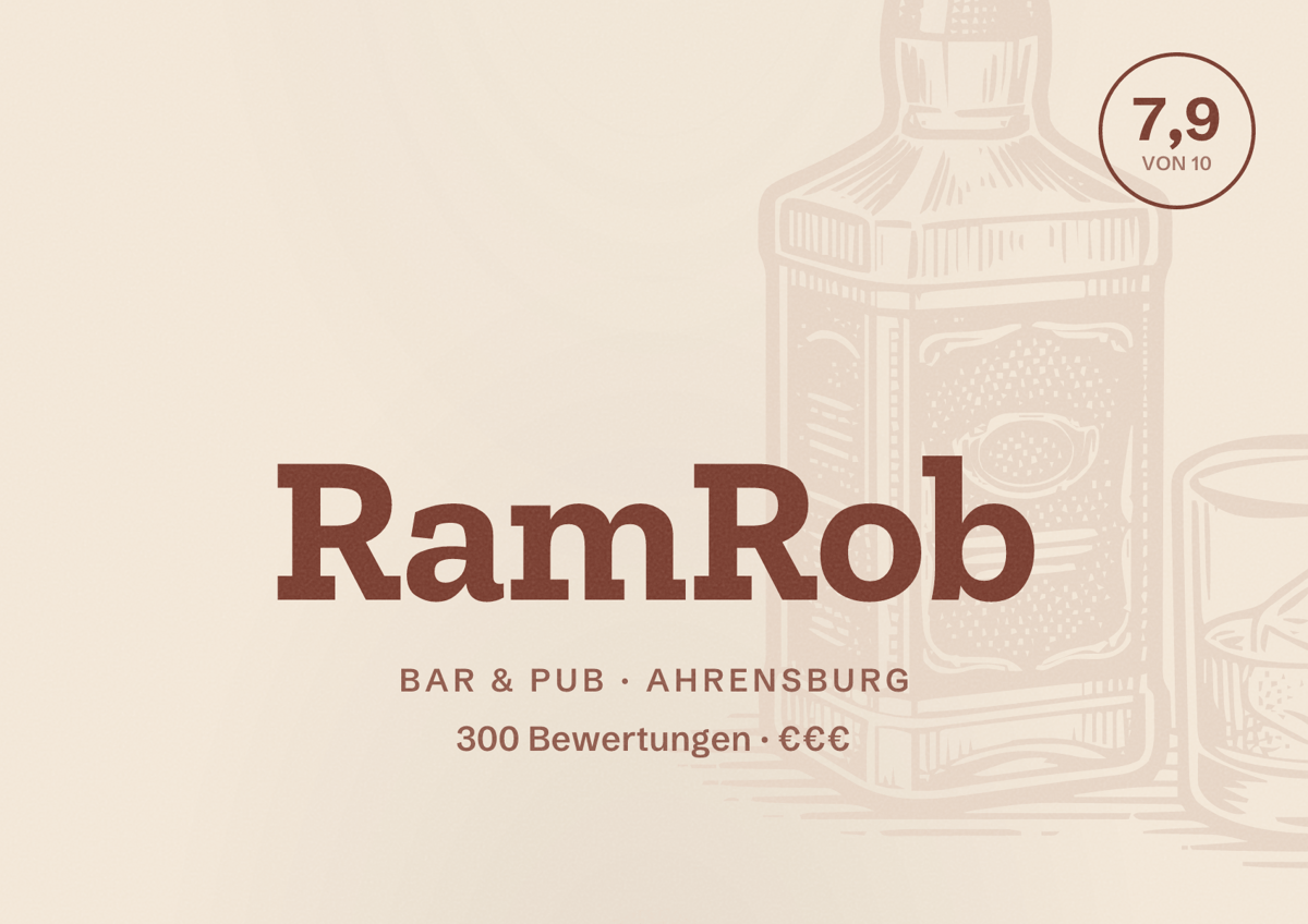 Illustriertes Poster von RamRob, Bar & Pub in Ahrensburg: Bewertung 7,9 von 10 aus 300 Bewertungen, Preisniveau €€€