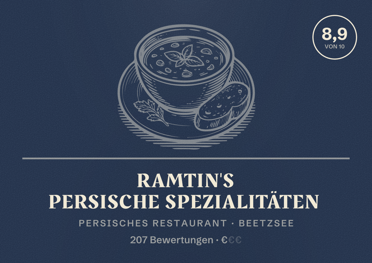 Illustriertes Poster von Ramtin's persische Spezialitäten, Persisches Restaurant in Beetzsee: Bewertung 8,9 von 10 aus 207 Bewertungen, Preisniveau €