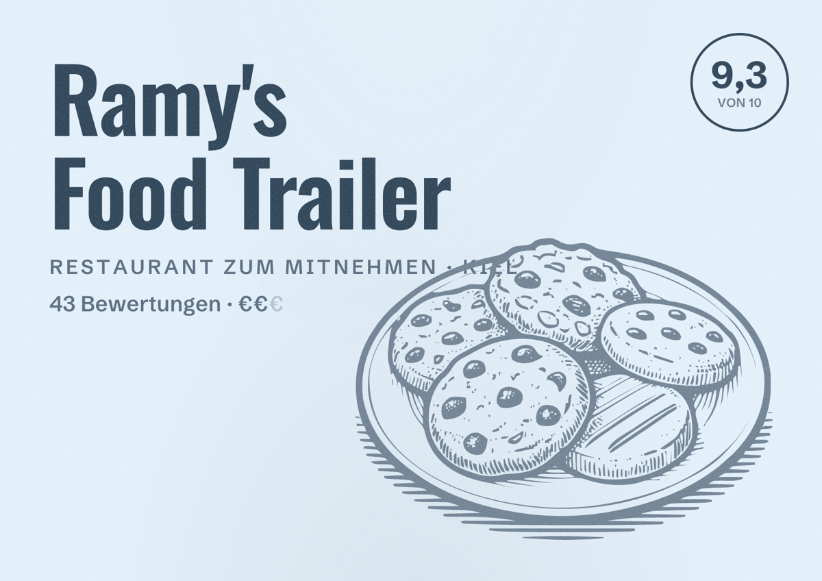 Illustriertes Poster von Ramy's Food Trailer, Restaurant zum Mitnehmen in Kiel: Bewertung 9,3 von 10 aus 43 Bewertungen, Preisniveau €€