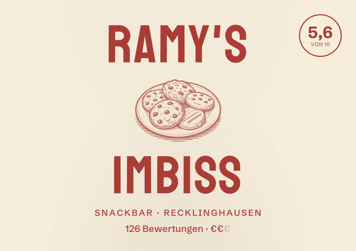 Illustriertes Poster von Ramy's Imbiss, Snackbar in Recklinghausen: Bewertung 5,6 von 10 aus 126 Bewertungen, Preisniveau €€