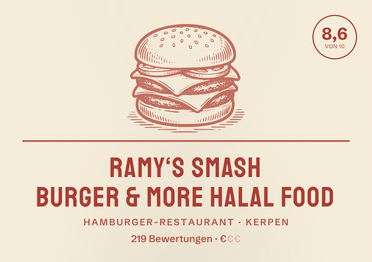 Illustriertes Poster von Ramy‘s Smash Burger & More Halal food, Hamburger-Restaurant in Kerpen: Bewertung 8,6 von 10 aus 219 Bewertungen, Preisniveau €