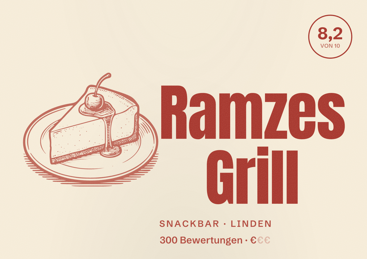 Illustriertes Poster von Ramzes Grill, Snackbar in Linden: Bewertung 8,2 von 10 aus 300 Bewertungen, Preisniveau €