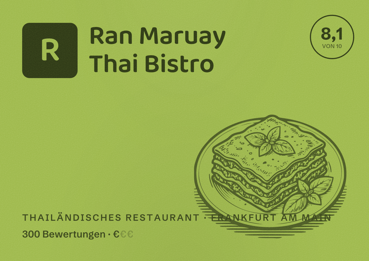 Illustriertes Poster von Ran Maruay Thai Bistro, Thailändisches Restaurant in Frankfurt am Main: Bewertung 8,1 von 10 aus 300 Bewertungen, Preisniveau €