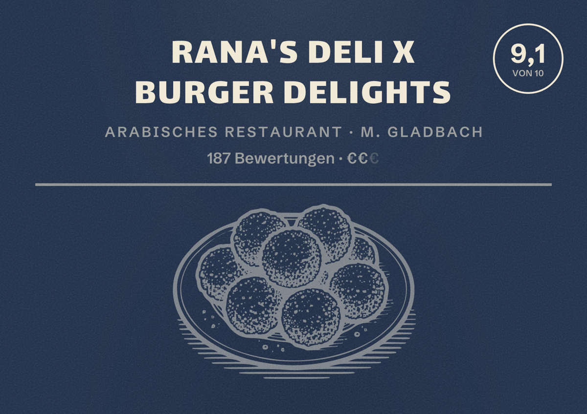Illustriertes Poster von Rana's Deli x Burger Delights, Arabisches Restaurant in M. Gladbach: Bewertung 9,1 von 10 aus 187 Bewertungen, Preisniveau €€